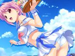  ass bow cloud crop_top crop_top_overhang day food hinata_hanabi koutaro looking_back midriff navel open_mouth panties pantyshot parfait pink_hair red_eyes roller_skates shiny shiny_skin skates skirt sky solo tray tropical_kiss underwear waitress 