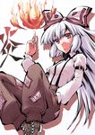  :&lt; bow buckle cross-laced_footwear fire fujiwara_no_mokou hair_bow hair_ribbon hands highres hikawa_shou pants pointing red_eyes ribbon silver_hair solo suspenders touhou white_hair 