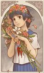  art_nouveau black_hair bouquet brown_eyes flower hair_flower hair_ornament head_wreath kojamerii sakugawa_school_uniform school_uniform serafuku short_hair skirt smile solo to_aru_kagaku_no_railgun to_aru_majutsu_no_index uiharu_kazari 