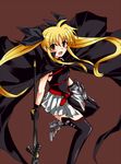  axe bardiche blonde_hair cape fate_testarossa gloves highres long_hair lyrical_nanoha mahou_shoujo_lyrical_nanoha red_eyes shangorilla solo thighhighs twintails weapon 