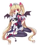  bat_wings black_legwear blonde_hair bow breasts cleavage demon_girl fang full_body gloves hair_bow heart legs long_hair medium_breasts mouth_hold original pink_eyes ratise shoes simple_background sitting smile solo stitches stuffed_animal stuffed_bunny stuffed_toy tail thighhighs tiara very_long_hair wariza wings zettai_ryouiki 