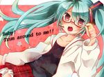  aqua_hair bad_id bad_pixiv_id bespectacled blush engrish glasses hatsune_miku headphones headset kocchi_muite_baby_(vocaloid) long_hair natural_(module) project_diva_(series) project_diva_2nd ranguage red_eyes shirozatou skirt solo twintails vocaloid 