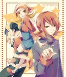  2boys alternate_costume backwards_hat baseball_cap black_hair brown_hair cabbie_hat gold_(pokemon) hat kotone_(pokemon) multiple_boys overalls poke_ball pokemon pokemon_(game) pokemon_hgss red_hair ririkuto silver_(pokemon) thighhighs twintails 