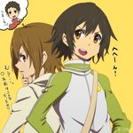  1girl alternate_hairstyle back-to-back bad_id bad_pixiv_id brother_and_sister brown_eyes brown_hair hajime_(hajime-ill-1st) imagining jacket k-on! short_hair siblings tainaka_ritsu tainaka_satoshi translated 