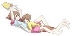  arms_up bad_id bad_pixiv_id barefoot between_legs book brown_eyes brown_hair closed_eyes clothes_grab feet hair_ornament hair_ribbon hairclip harusi hirasawa_ui hirasawa_yui hug k-on! legs lying multiple_girls ribbon short_hair shorts siblings simple_background sisters smile 