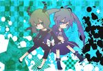 ahoge bad_id bad_pixiv_id bangs bikini_top black_rock_shooter black_rock_shooter_(character) blue_eyes boots bow burning_eye checkered checkered_background chibi coat dead_master green_eyes horns knee_boots long_hair multiple_girls navel shorts star twintails very_long_hair wings y-614 