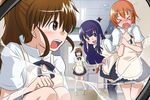  &gt;_&lt; apron blush broken_glass brown_hair closed_eyes crack glass glasses hair_ornament hairpin inami_mahiru multiple_girls orange_hair pov purple_hair takamine_tsukumo takanashi_nazuna taneshima_popura thighhighs waitress working!! yamada_aoi 