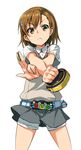  :&lt; belt hair_ornament hairclip kamen_rider kamen_rider_ooo_(series) medal misaka_mikoto nekomamire o_medal parody shorts skirt solo sweater_vest to_aru_kagaku_no_railgun to_aru_majutsu_no_index x_arms 