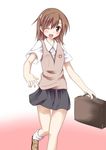  bad_id bad_pixiv_id bag blush hair_ornament hairclip kue loose_socks misaka_mikoto one_eye_closed school_bag school_uniform skirt smile socks solo sweater_vest to_aru_majutsu_no_index uniform 