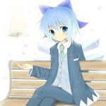  alternate_costume bell bench blue_eyes blue_hair blush bow bunchou_(bunchou3103) cirno contemporary crossed_legs formal hair_bow hair_ornament jewelry md5_mismatch pant_suit petals ring short_hair sitting solo suit touhou wings 