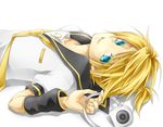  blond_hair blue_eyes detached_sleeves headphone kagamine_len laying_down nails pony_tail smile tagme tie vocaloid white 