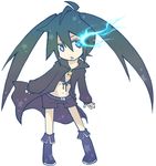  ahoge bad_id bad_pixiv_id bangs bikini_top black_rock_shooter black_rock_shooter_(character) blue_eyes boots burning_eye chibi coat full_body glowing glowing_eyes knee_boots long_hair navel open_mouth shorts simple_background solo star twintails very_long_hair y-614 