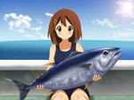  bad_id bad_pixiv_id blush boat brown_eyes brown_hair fish hair_ornament hairclip hirasawa_yui k-on! lens_flare nasubi_sakari ocean official_style one-piece_swimsuit school_swimsuit smile solo sun sweat swimsuit tuna water watercraft 