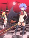  ass bad_id bad_pixiv_id bare_shoulders bat_hair_ornament bat_wings bikini black_legwear black_panties blonde_hair blue_hair breasts butt_crack checkered checkered_floor cross elbow_gloves flandre_scarlet gloves hair_ornament hair_ribbon halter_top halterneck legs lowleg multiple_girls navel no_hat no_headwear panties perspective polearm red_eyes red_panties remilia_scarlet ribbon rooftop scarlet_devil_mansion siblings side_ponytail sisters small_breasts spear sumapan swimsuit sword thighhighs touhou underboob underwear weapon white_legwear wings 