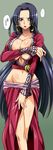  artist_request black_eyes black_hair boa_hancock breast_press breasts center_opening cleavage covering curvy earrings highres hips jewelry large_breasts legs long_hair long_legs midriff one_piece open_mouth side_slit simple_background solo translated 