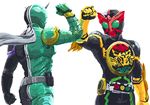  belt black_bodysuit bodysuit fist_bump green_bodysuit kamen_rider kamen_rider_double kamen_rider_ooo kamen_rider_ooo_(series) kamen_rider_w multiple_boys scarf sketch uyoshi 