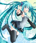  aqua_eyes aqua_hair boots detached_sleeves hatsune_miku legs long_hair necktie open_mouth skirt solo thigh_boots thighhighs tobade_(tbdfactory) twintails very_long_hair vocaloid 