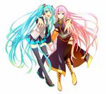 aqua_eyes aqua_hair belt boots detached_sleeves haru_aki hatsune_miku holding_hands knee_boots legs long_hair megurine_luka multiple_girls necktie outstretched_hand pink_hair simple_background skirt smile thigh_boots thighhighs twintails very_long_hair vocaloid 