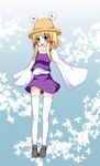  :d blonde_hair blue_eyes hat highres long_sleeves moriya_suwako open_mouth shoes skirt smile solo thighhighs touhou white_legwear zefyu 