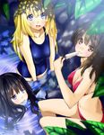  bad_id bad_pixiv_id bikini black_hair blonde_hair blue_eyes brown_eyes brown_hair food kyon_(fuuran) leaf long_hair multiple_girls one-piece_swimsuit original popsicle ripples school_swimsuit submerged swimming swimsuit 