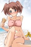  :o ahoge arm_support bad_id bad_pixiv_id banana_peel bikini blue_eyes blush breasts brown_hair covered_nipples fallen_down food food_on_face hazuki_haru ice_cream ice_cream_on_face medium_breasts original pool sexually_suggestive short_hair short_twintails sitting solo spill suggestive_fluid swimsuit twintails water 