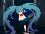  bare_shoulders blue_eyes blue_hair breasts cleavage dress earmuffs flower flower_necklace fur_trim hatsune_miku jewelry kami_no_namae_ni_ochiru_mono_(vocaloid) kurono_yuu lips long_hair medium_breasts necklace partially_submerged petals reflection ringed_eyes solo tree twintails very_long_hair vocaloid water 