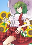  blush breasts flower green_hair hand_on_hip highres kazami_yuuka ken_tatsuki large_breasts plaid plaid_skirt plaid_vest red_eyes short_hair skirt skirt_set smile solo sunflower touhou umbrella unmoving_pattern vest 