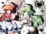  alternate_costume apron bat_wings bow bowtie collaboration enmaided frog garter_straps green_hair head_wings heart highres koakuma kochiya_sanae kuroneko_(fragrant_olive) long_hair maid maid_headdress midoriiro_no_shinzou multiple_girls red_eyes red_hair snake star thighhighs touhou wallpaper wings yellow_eyes zoom_layer 