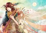  1girl acoustic_guitar back-to-back bad_id bad_pixiv_id blonde_hair brown_hair closed_eyes cloud guitar hat instrument long_hair music mutou_shino open_mouth original petals profile short_hair singing yellow_eyes 