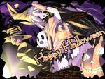  :o cape castle dress english full_moon ghost halloween happy_halloween jack-o'-lantern long_hair moon orange_dress original pumpkin purple_eyes senmu skirt solid_circle_eyes solo speech_bubble trick_or_treat white_hair 