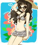  bikini black_hair brown_eyes copyright_request frills front-tie_top hat long_hair navel skirt smile solo sunglasses swimsuit yukke 