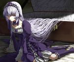  arm_support bad_id bad_pixiv_id boots doll_joints dress flower frills gothic_lolita hairband lavender_hair lolita_fashion long_hair purple_eyes purple_flower purple_rose rose rozen_maiden serious sitting solo suigintou suitcase tef very_long_hair yokozuwari 