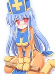  blue_hair bodysuit breast_squeeze breasts dragon_quest dragon_quest_iii hat large_breasts latex long_hair mitre orange_bodysuit priest_(dq3) ry solo tabard 