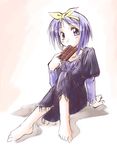  barefoot blue_eyes chocolate chocolate_bar eating feet hiiragi_tsukasa jason_(kaiten_kussaku_kikou) lucky_star purple_hair ribbon short_hair sitting solo 