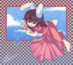  animal_ears barefoot beamed_eighth_notes bunny_ears bunny_tail checkered dress eighth_note inaba_tewi instrument lying musical_note noorrzz one_eye_closed pink_dress red_eyes solo tail touhou triangle_(instrument) 