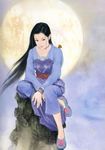  black_hair bug butterfly chen_shu_fen china_dress chinese_clothes copyright_request dress hanfu highres insect long_hair moon realistic solo wind 