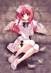  angel_wings bow deathsmiles dress feathers frills gothic_lolita hair_bow legs lolita_fashion pink_eyes pink_hair short_dress sitting solo thighhighs white_legwear windia_(deathsmiles) wings yukiwo 