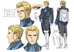  ariabart_tytania armor armored_boots artist_request blonde_hair boots cape concept_art full_body knee_boots looking_at_viewer male_focus military military_uniform multiple_views pants standing tytania uniform 