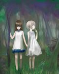  blonde_hair brown_hair copyright_request dress forest holding_hands multiple_girls nanan nature 