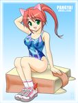  animal_ears cat_ears green_eyes hana_(pangya) long_hair one-piece_swimsuit pangya papel ponytail red_hair shimeta_hiromitsu shoes sneakers solo swimsuit 