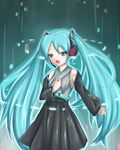  bare_shoulders detached_sleeves fuyutsuki_asuto green_eyes green_hair hatsune_miku headset long_hair music singing skirt solo vocaloid 