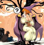  ? barefoot blue_eyes boots breasts cape cat chair claws cleavage cup dress full_body halloween hat inugami_mokekiyo jack-o'-lantern large_breasts looking_back moon orange_hair outdoors pumpkin short_hair sitting solo tabasa tea teacup tree warzard witch witch_hat 