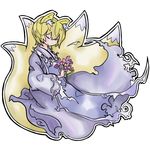  animal_ears blonde_hair closed_eyes flower fox_ears fox_tail long_sleeves multiple_tails no_hat no_headwear short_hair solo tail touhou uewtsol white_background wide_sleeves yakumo_ran 