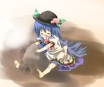  bad_id bad_pixiv_id barefoot blue_hair blush bow feet food fruit happy hat hinanawi_tenshi long_hair peach ribbon sand sand_castle sand_sculpture smile solo subachi touhou younger 