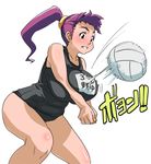  action black_school_swimsuit blush breasts copyright_request huge_breasts long_hair one-piece_swimsuit plump ponytail purple_hair school_swimsuit solo swimsuit usatarou volleyball 