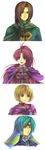  blonde_hair blue_hair brown_hair cape garcia_(golden_sun) golden_sun green_eyes headband highres jasmine_(golden_sun) long_hair multiple_girls natsuki_sao picard_(golden_sun) ponytail purple_eyes red_hair shiba_(golden_sun) short_hair smile yellow_eyes 