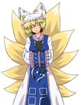  :3 blonde_hair cat chen chen_(cat) earrings fox_tail hat hiromasa jewelry kyuubi long_sleeves multiple_tails pillow_hat short_hair solo tail tassel touhou white_background wide_sleeves yakumo_ran 