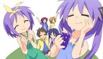  5girls blue_eyes brown_hair closed_eyes collarbone eating family food fruit grapes hair_ribbon happy hiiragi_inori hiiragi_kagami hiiragi_matsuri hiiragi_miki hiiragi_tadao hiiragi_tsukasa lucky_star multiple_girls open_mouth purple_hair ribbon smile sora_to_umi twintails waving 