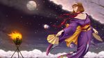  breasts brown_eyes brown_hair cherry_blossoms cleavage dancing fan fire folding_fan hairband itsuki_torii japanese_clothes kanzaki_sumire kimono large_breasts mole moon sakura_taisen short_hair thighhighs torch 