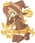  belt blonde_hair blue_eyes copyright_request halloween happy_halloween hat kneeling necktie short_hair shorts solo thighhighs white_background witch_hat yukke 